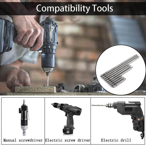 Nine Piece Square Head Screwdriver Bits Set With Quarter Inch Hex Shank Magnetic S2 Steel For Pocket Hole Jig And Electric Drill used with electric drill, shown on wood surface