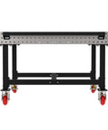 Rock Solid Mobile Welding Fixture Table 60X60X36 with laser cut grid holes and heavy duty locking casters viewed from the front.