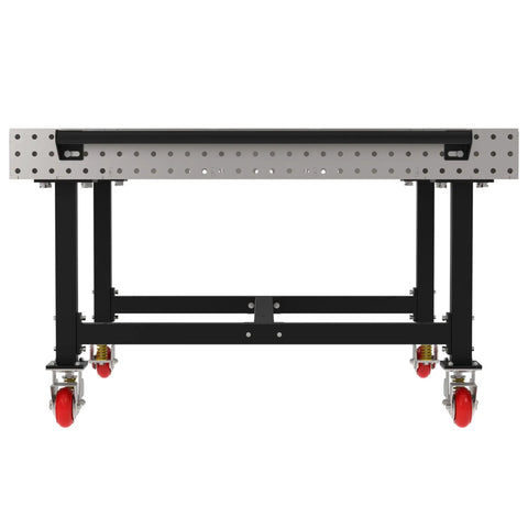 Rock Solid Mobile Welding Fixture Table 60X60X36 with laser cut grid holes and heavy duty locking casters viewed from the front.