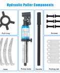 Heavy Duty Hydraulic Gear Puller Kit components including adjustable jaws, pump body, pull ring, handle, and screws
