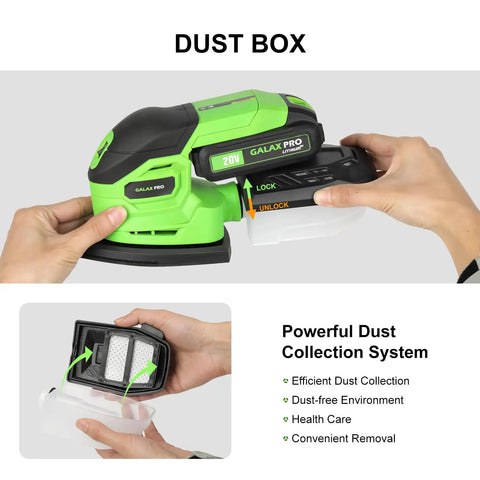Dust box and detail sander for Badass 20V Cordless Detail Sander With 2 Amp Hour Battery And Twenty Sanding Discs.