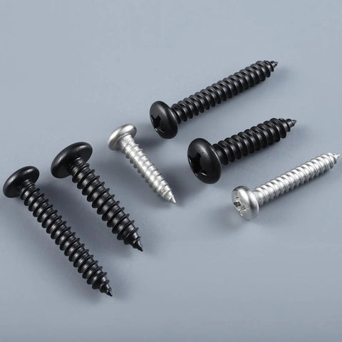 Number Eight By Three Quarters Inch Self Tapping Pan Head Wood Screws With Phillips Drive And Black Oxide Finish For Sturdy Timber And Thin Metal Projects Built Hella Tough With Zero Rust Drama Included displayed on a gray background.