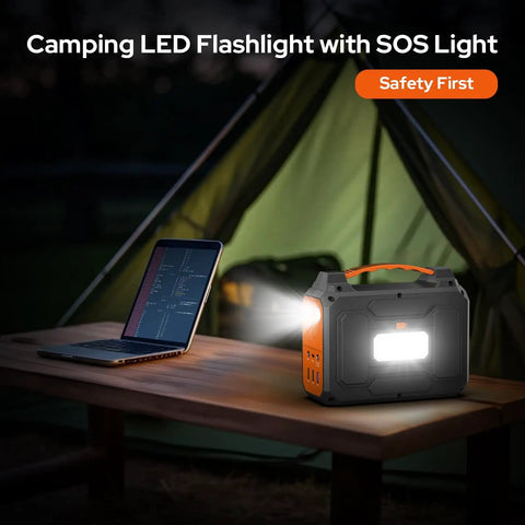 Go To All In One Portable Power Station With 100W Solar Generator, camping LED flashlight, tent, laptop, nighttime use
