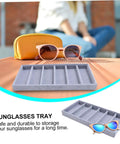 Solid Six Grid Sunglasses Storage Plate And Jewelry Display Box For Women Totally Fresh Fashion Organizer with grey compartments and sunglasses.