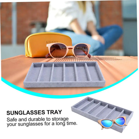 Solid Six Grid Sunglasses Storage Plate And Jewelry Display Box For Women Totally Fresh Fashion Organizer with grey compartments and sunglasses.