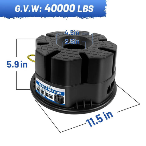 6 Inch Trailer Jack Block With Carry Bag For RV And Travel Trailers, rugged stabilizer block, 11.5in diameter, shown with dimensions.