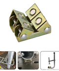 Slick V Shape Welding Magnet With Adjustable F Clamp Grip used to secure metal pieces during assembly, shown from various angles.