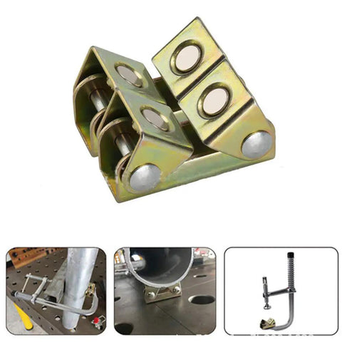Slick V Shape Welding Magnet With Adjustable F Clamp Grip used to secure metal pieces during assembly, shown from various angles.