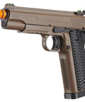Aluminum VX-14 Gas Blowback 1911 Airsoft Pistol With Dope Green Fiber Optic Sights, side view, brown finish