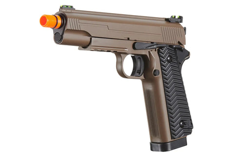 Aluminum VX-14 Gas Blowback 1911 Airsoft Pistol With Dope Green Fiber Optic Sights, side view, brown finish