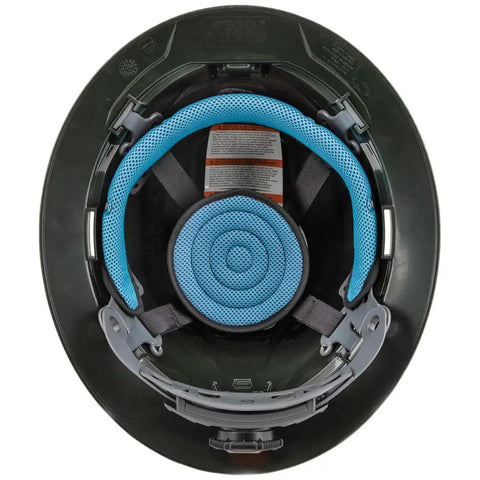 Inside view of a hard hat with blue breathable padded band, part of Hard Hat Sweatband Replacement Set 3-Pack For Hard Hat Suspension.