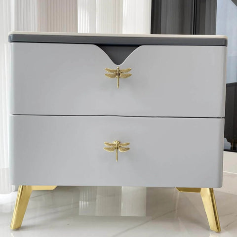 Dragonfly Drawer Knobs Set 6 Pieces in Ancient Gold on white dresser, zinc alloy, modern home decor, wing detail visible.