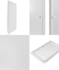 Heavy Duty Metal Wall Access Panel With Slick White Finish Flows Right Over 10 By 16 Inch Drywall Cutouts showing sleek design and hinge details.