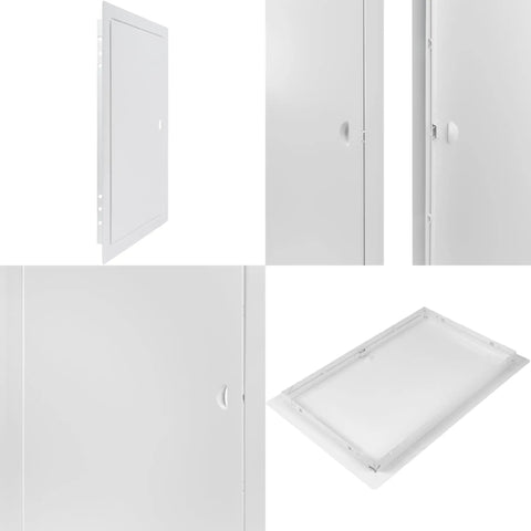 Heavy Duty Metal Wall Access Panel With Slick White Finish Flows Right Over 10 By 16 Inch Drywall Cutouts showing sleek design and hinge details.