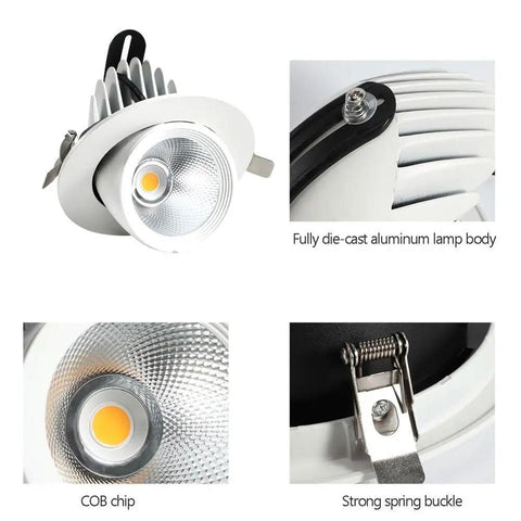 Close-up of Nine Piece Adjustable Gimbal Eyeball Led Recessed Downlight Kit With Quick Swap Color Knobs and Heavy Duty Aluminum Build.