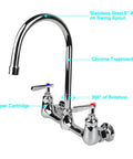 Wall Mount Commercial Kitchen Faucet With 8 Inch Center, 6 Inch Gooseneck Swivel Spout, Dual Handles, Brass Construction, Rust Resistant Chrome Finish