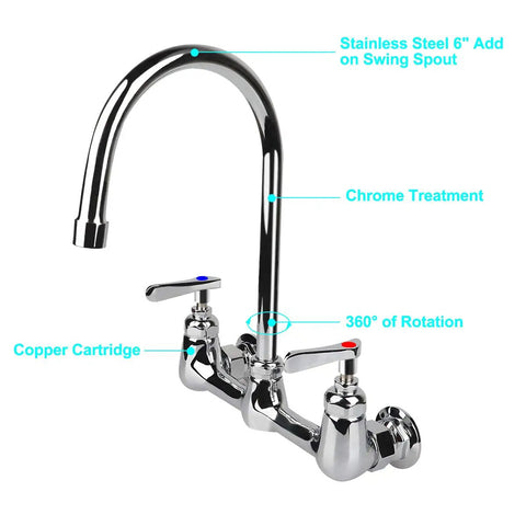 Wall Mount Commercial Kitchen Faucet With 8 Inch Center, 6 Inch Gooseneck Swivel Spout, Dual Handles, Brass Construction, Rust Resistant Chrome Finish