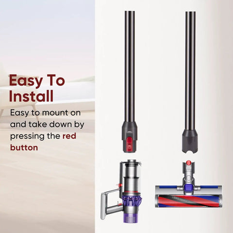 Premium Aluminum Quick Release Extension Wand For Dyson V12 Detect Slim And V10 Digital Slim Cordless Vacuums Replacement Extension Tube No Fuss Easy Snap Fit Long Lasting Gray Finish shown alongside Dyson vacuum components.