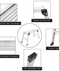 Aluminum Step Ladder Work Platform Drywall Bench Folding Heavy Duty Extra Large Portable No Assembly Needed Lightweight Pro Grade Aluminum EN131 Certified 330 Lbs Perfect For Ceiling Work Painting And Elevating Projects with anti-slip rubber feet, non-slip design, security lock, sturdy tripod, and enhanced bottom crosspiece.