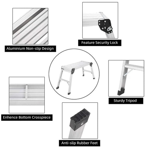 Aluminum Step Ladder Work Platform Drywall Bench Folding Heavy Duty Extra Large Portable No Assembly Needed Lightweight Pro Grade Aluminum EN131 Certified 330 Lbs Perfect For Ceiling Work Painting And Elevating Projects with anti-slip rubber feet, non-slip design, security lock, sturdy tripod, and enhanced bottom crosspiece.