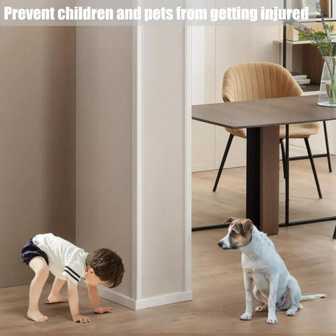 Child and dog near Heavy Duty Self Adhesive Wall Corner Guards 10 Pack Clear Polycarbonate Impact Resistant Edge Protectors.