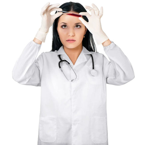 Person in Doctor Lab Coat Costume Set With Dual Head Stethoscope For Halloween Cosplay White Scientist Coat For Adults Unisex Small Size Easy Fit Role Play Gear Perfect For Parties And Performances holding a test tube