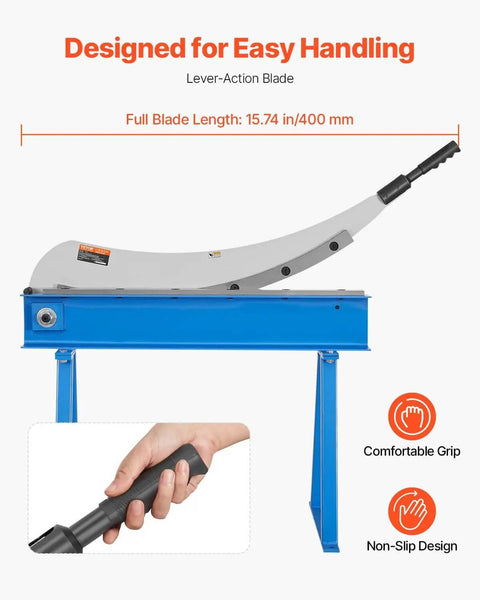 Beefy Hand Plate Shear 31.5 Inch Manual Sheet Metal Cutter with T10 High Hardness Blades, blue benchtop design, comfortable grip.