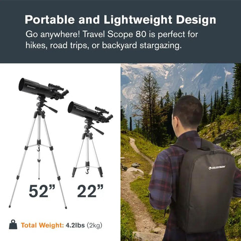 80mm Travel Scope Telescope Kit With Backpack And Smartphone Adapter For Beginners, lightweight travel telescope on tripod