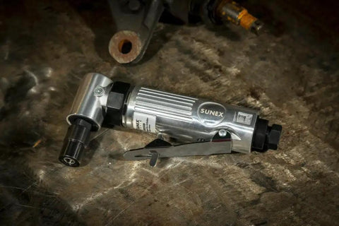 Kickass 1/4 Inch Angle Air Die Grinder With 90 Degree Head and Built In Speed Regulator for Tight Squeezes on workbench.
