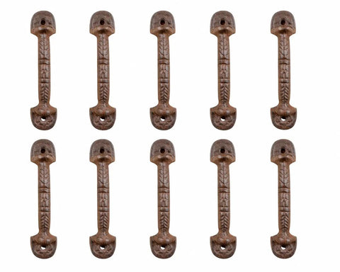 Hella Sturdy Cast Iron Drawer Pulls Set Of Ten Rustic Brown Cabinet Handles Measuring Five Half Inches Long With Four Quarter Inch Spacing For Home Renovations And Furniture Fixes arranged in two rows for easy viewing.