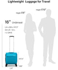Underseat Carry On Luggage With Wheels 16 Inch Softside Suitcase Lightweight Travel Bag Caribbean Blue next to silhouettes