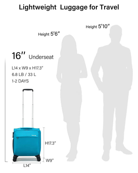 Underseat Carry On Luggage With Wheels 16 Inch Softside Suitcase Lightweight Travel Bag Caribbean Blue next to silhouettes