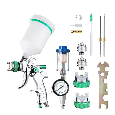 Slick Handheld Airbrush Kit Featuring Heavy Duty Pneumatic Spray Gun With Adjustable Nozzle For Smooth Car Painting Furniture Prep And Clear Coat Finish On Any Project components laid out, including spray gun, cup, and accessories.