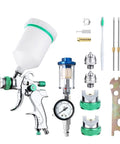 Top Tier Handheld Airbrush Kit Featuring Heavy Duty Pneumatic Gravity Feed Spray Gun with accessories and nozzles for versatile use.