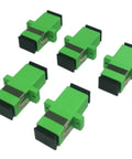 Green SC APC female-to-female simplex fiber optic adapter, single-mode, panel-mount, 5-pack.