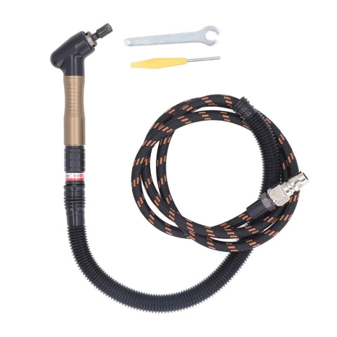 Air micro die grinder kit components including hose, handle, and tools for Slick Lightweight Air Micro Die Grinder Kit Delivering Killer High RPM Torque And Tungsten Steel Gears For Swift Precision Grinding Sanding And Custom Detail Work.
