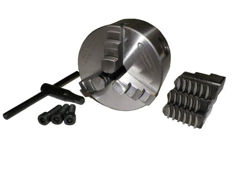 4 Inch 3 Jaw Lathe Chuck With MT2 Shank Rotating Triple Ball Bearing For Pro Grade Precise Self Centering Turning And Workhorse Ready Heavy Duty Machining With Hardened Carbon Steel Body shown with components