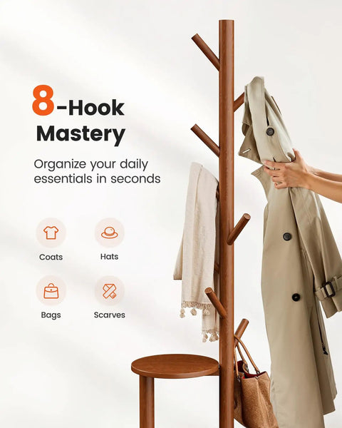 Freestanding Coat Rack With 8 Hooks And Storage Shelf, Solid Wood Base, 66.3-Inch Tall Hall Tree For Coats, Hats, And Bags