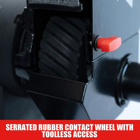 Serrated rubber contact wheel of Heavy Duty 2X48 Inch Belt Sander With 1Hp Induction Motor Running At 4500 Fpm.