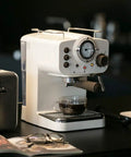 Retro Semi Automatic Espresso Maker Featuring 15 Bar Pump And Heavy Duty Stainless Steel Body With Built In Milk Frother Plus Complete Cappuccino Kit, with coffee cup.