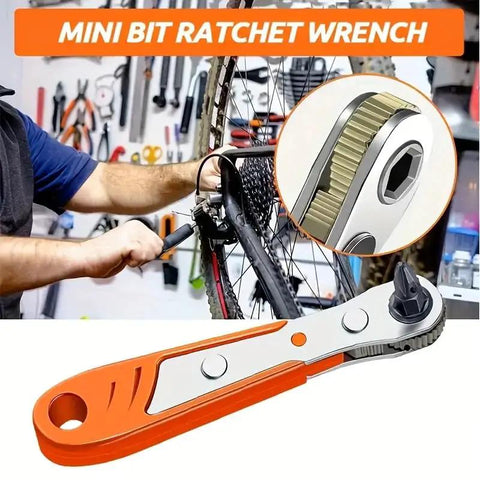 Red finish multifunctional tool with ratchet screwdriver, built-in wrench, flexible bender for narrow spaces shown in use.