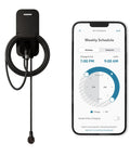 Fhome X3 Level 2 Ev Charger For Home Use With 12 Kw Power Output Delivers Up To 50 Amps At 240 Volts Featuring Nema 14-50 Plug-In Setup Plus 25 Ft Cord and app showing charging schedule.