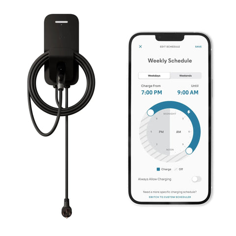 Fhome X3 Level 2 Ev Charger For Home Use With 12 Kw Power Output Delivers Up To 50 Amps At 240 Volts Featuring Nema 14-50 Plug-In Setup Plus 25 Ft Cord and app showing charging schedule.