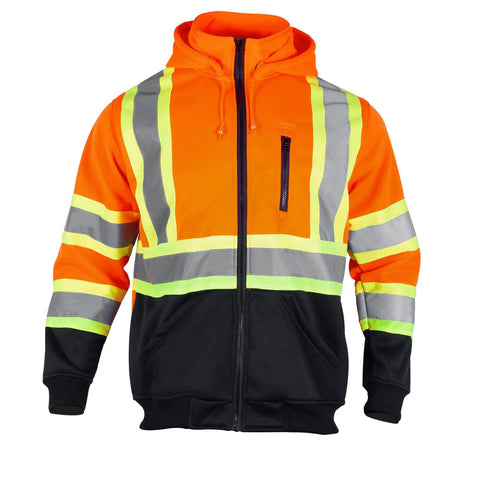 High Visibility ANSI Class 3 Reflective Safety Fleece Hoodie For Men With Detachable Hood Full Zip Orange With Black Hem