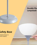 Industrial Modern Floor Lamp With Drop Resistant White Lampshade And E26 Socket, shown with durable plastic shade and safety base.