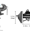 Dimensions of versatile clamp on bench and table vise with 360 degree rotation, dual purpose jaw, 4 inch base, 3.3 inch jaw size.