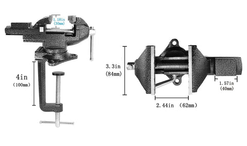 Dimensions of versatile clamp on bench and table vise with 360 degree rotation, dual purpose jaw, 4 inch base, 3.3 inch jaw size.