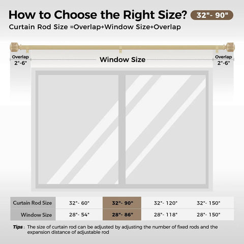 Diagram showing size selection for Wood Look Metal Curtain Rod Set No Fuss 1 Inch Heavy Duty Adjustable Rods With Leaf Pattern Finials.