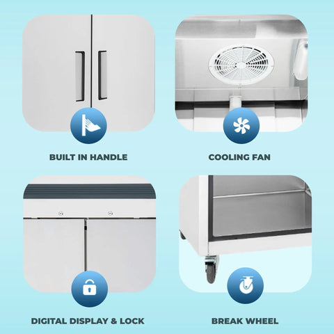 Features of Hella Roomy Real Deal Commercial Kitchen Workhorse 49 Cubic Feet Solid Door Reach In Freezer with interior details.