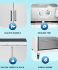 Features of Pro Shop Grade 40 Inch Reach In Freezer, including built-in handle, cooling fan, lock display, and break wheel.